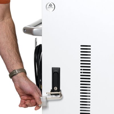 For added protection, use your own padlock that matches your system.  Each cart door comes with hasps that block the door handle and keep it from opening.  