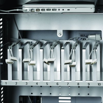 Laptop storage slot in the front User Area measures 12.75”w x 15.5”d x 1.75”h.  Keep the laptop up front with your tablets and leave the back IT Area locked.  Route the laptop’s power cord into the cart’s cable management system so the connection is positioned right where you need it