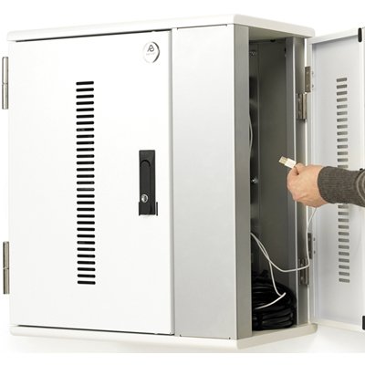 Separate locking IT area on the side protects and conceals chargers and power outlets, away from users.