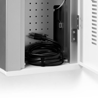 The cabinet comes with a 10-foot long power cord to reach your nearest outlet, or wire a power connection behind the unit and access it through a notch in the back panel. The on/off switch directs power to all the cart's outlets, and an indicator light shows when the power is off to the outlets and it's safe to plug in your devices.