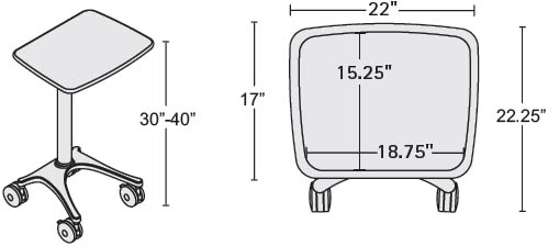 Technical Drawing for Anthro ZD02SB/CG4 Height Adjustable Healthcare Ultrasound Cart