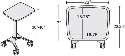 Technical Drawing for Anthro ZD03SB/CG4 Height Adjustable Healthcare EKG Cart
