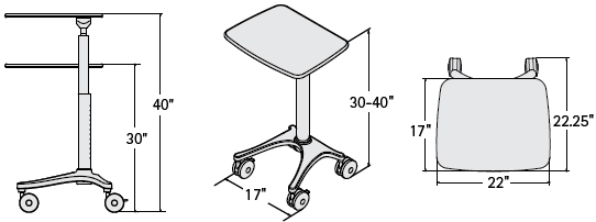 Technical Drawing for Anthro ZAL22SB/CG4 (22") or ZAL25SB/CG4 (25") Zido Adjustable Height Cart Workstation
