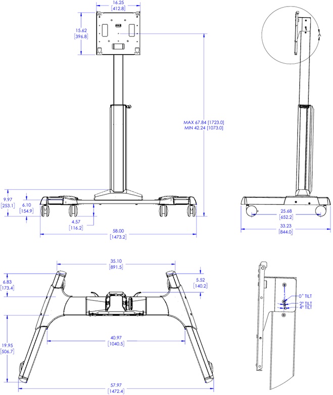 Technical Drawing for Chief LPE1U Large Capacity Electric Height Adjustable Cart