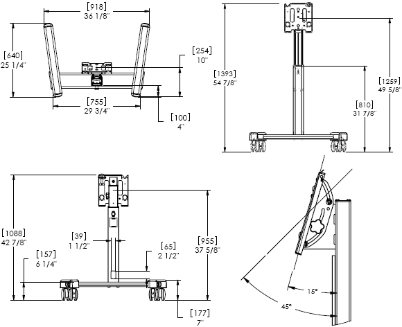 Technical drawing for Chief MFM6000B or MFM6000S Flat Panel Confidence Monitor Cart