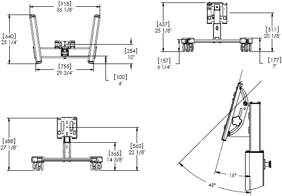 Technical Drawing for Chief MFQ6000B or MFQ6000S Medium Confidence Monitor Lightweight Mobile Cart