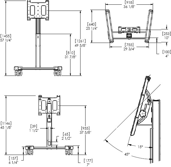 Technical Drawing for Chief PFM2000S or PFM2000B Flat Panel Confidence Monitor Mobile Cart