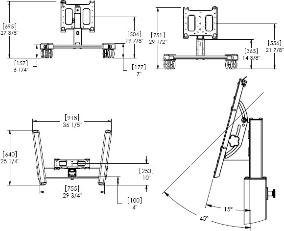 Technical Drawing for Chief PFQUB or PFQUS Flat Panel Confidence Monitor Mobile Cart