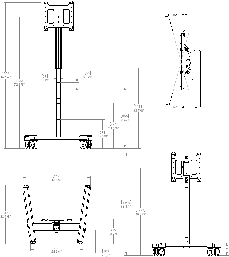 Technical Drawing of Chief PFCUS700 Mobile Cart PFCU with PAC700 Case