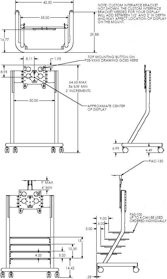 Technical Drawing of Chief PPC2000 Single Display Video Conferencing Cart