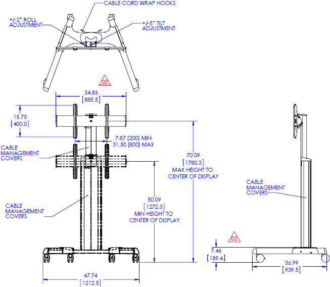 Technical Drawing for Chief LPAUB or LPAUS Large FUSION Height Adjustable Mobile Cart
