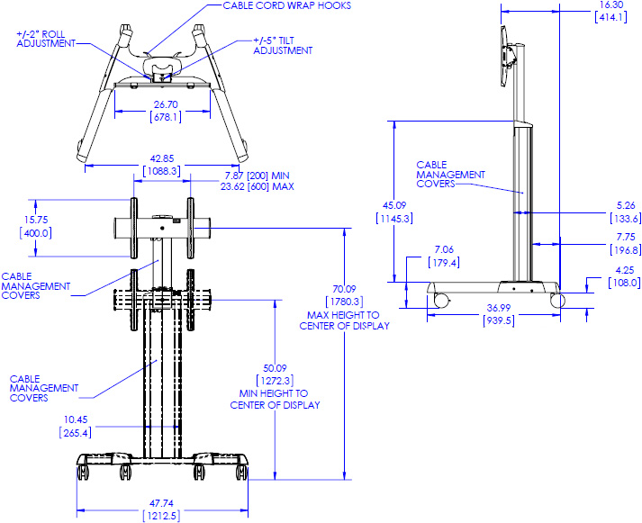 Technical Drawing for Chief MPAUB or MPAUS Height Adjustable AV Cart (37