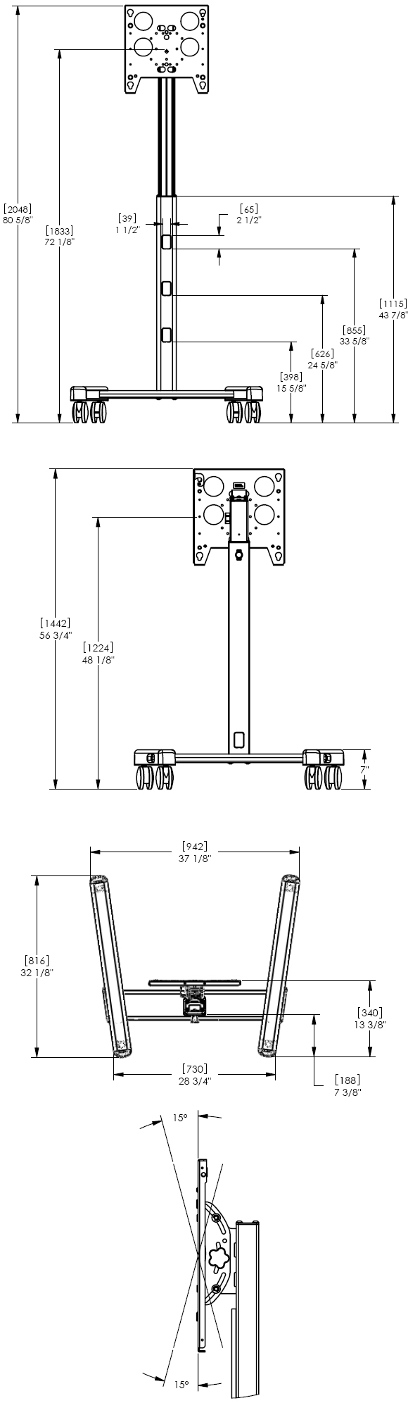 Technical Drawing for Chief PFC2000B or PFC2000S Flat Panel Mobile Cart