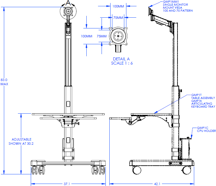 Technical Drawing for Chief QMP1PK1B Pre-Configured Mobile Base Workstation