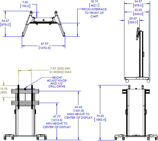 Technical Drawing for Chief XPA1U Series X-Large Fusion Manual Height Adjustable Cart