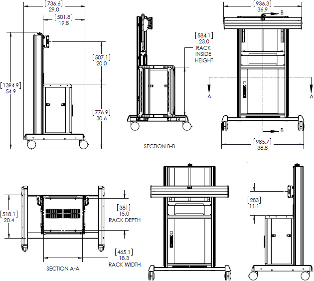 Technical Drawing for Chief XVAUB Height Adjustable Video Conferencing Cart (37