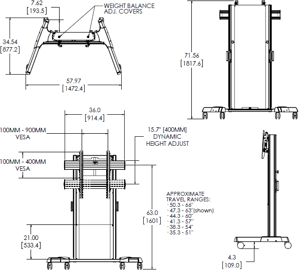 Technical Drawing for Chief MPD1U Medium Fusion Dynamic Height Adjustable Mobile Cart