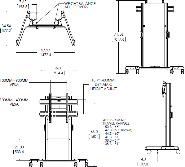 Technical Drawing for Chief LPD1U Large Fusion Dynamic Height Adjustable Mobile Cart