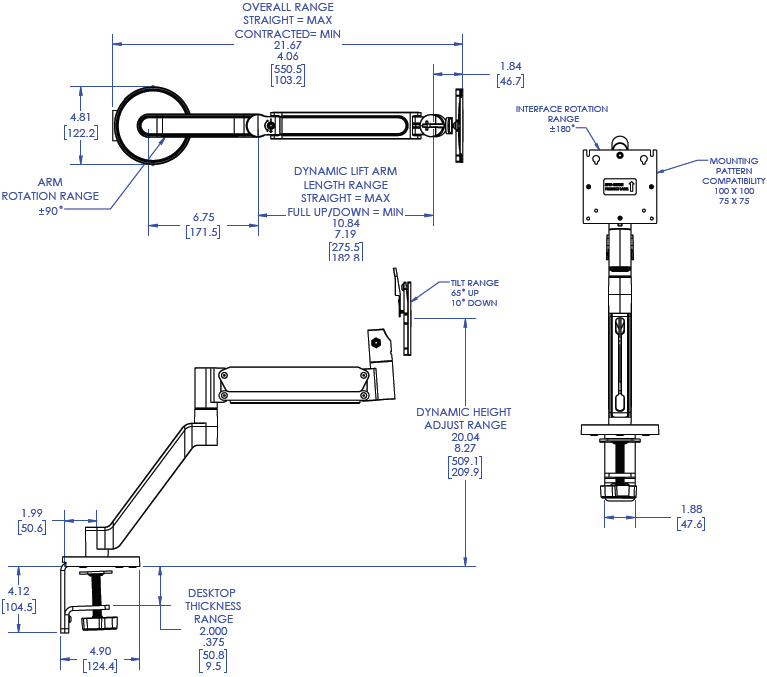 Technical Drawing for Chief DMA1B or DMA1S Koncis Single Monitor Arm Mount