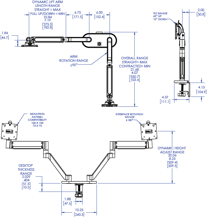 Technical Drawing for Chief DMA2B or DMA2S Koncis Dual Monitor Arm Mount