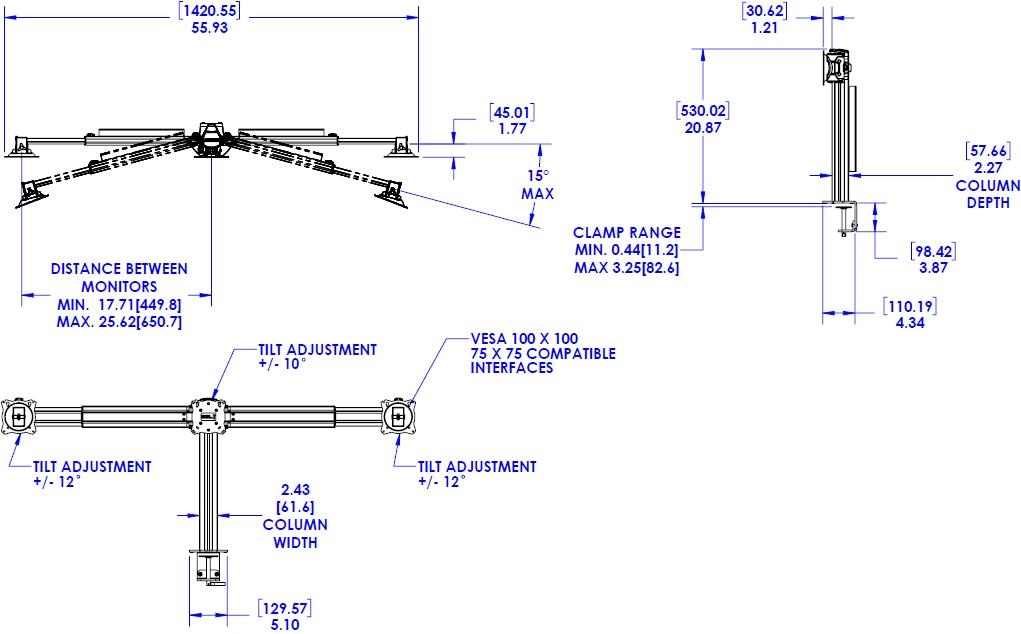 Technical Drawing for Chief K3C310S Kontour Desk Clamp Mounted Dual-Monitor Array