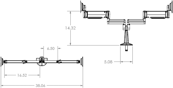 Technical Drawings for Chief KCY220B Height Adjustable Dual Monitor Arm Desk Mount