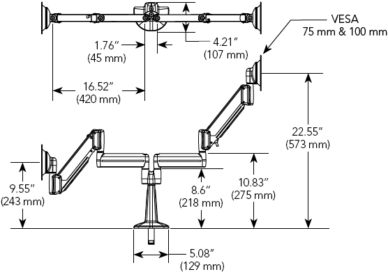 Technical Drawings for Chief KCY220B Height Adjustable Dual Monitor Desk Mount