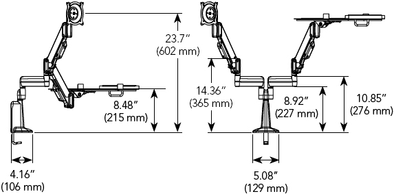 Technical Drawing for Chief KGL220B or KGL220S Desk Mount Arm Height Adjustable Dual LCD Monitor or Laptop