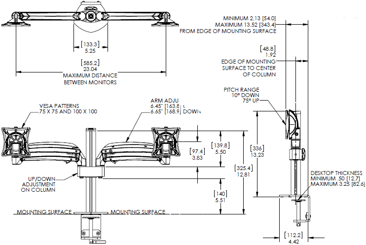 Technical Drawing of Chief K1C250 Series Kontour Dynamic Column Desk Clamp Mount