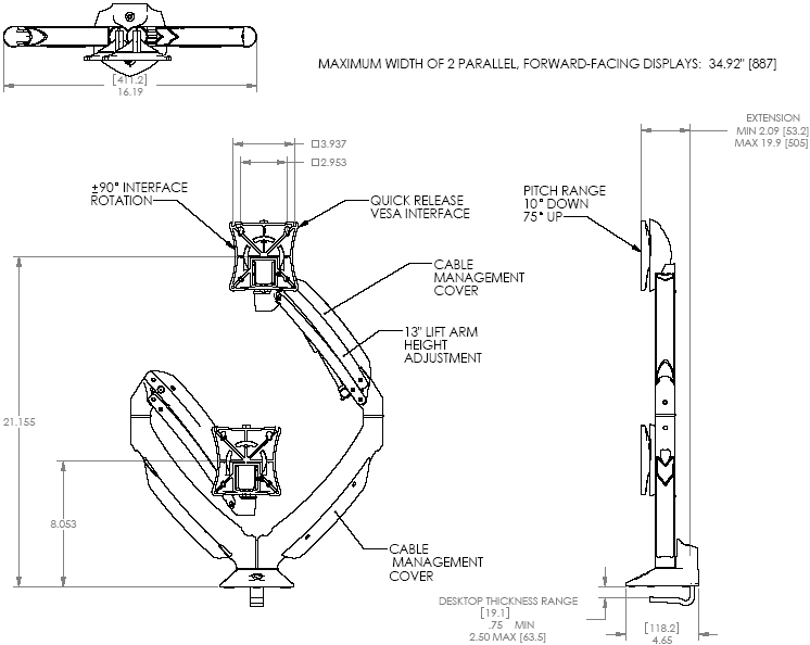 Technical Drawing of Chief K1D200S or K1D200B KONTOUR Dynamic Desk Clamp Mount for Dual Monitors