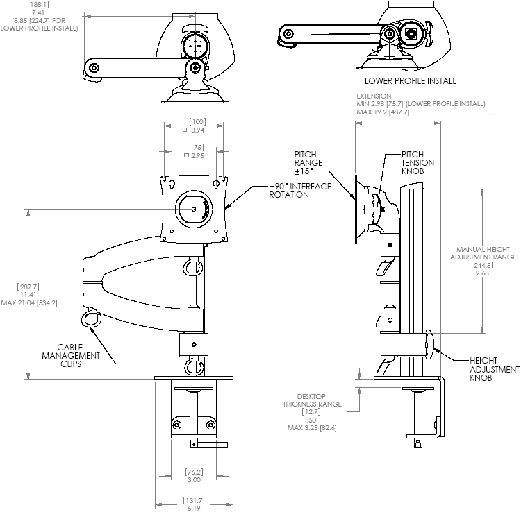 Technical Drawing of Chief K2C100S or K2C100B KONTOUR Column Desk Clamp Mount for Dual Monitors