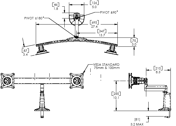 Technical Drawing for Chief Single Arm Desk Mount, Dual Monitor Array KCS220B or KCS220S
