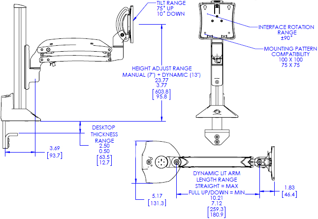 Technical Drawing for Chief Kontour Dynamic Column Mount, 1 Monitor - K1C110B or K1C110S