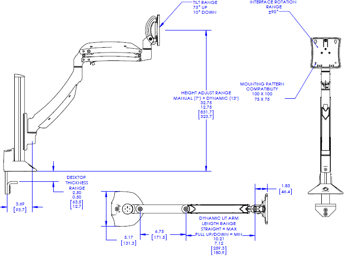 Technical Drawing for Chief K1C120 Kontour Dynamic Column Mount, 1 Monitor