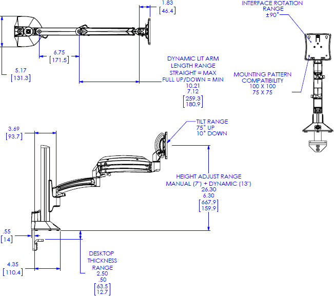 Technical Drawing for Chief K1C120BXRH Kontour K1C Dynamic Column Mount, Reduced Height