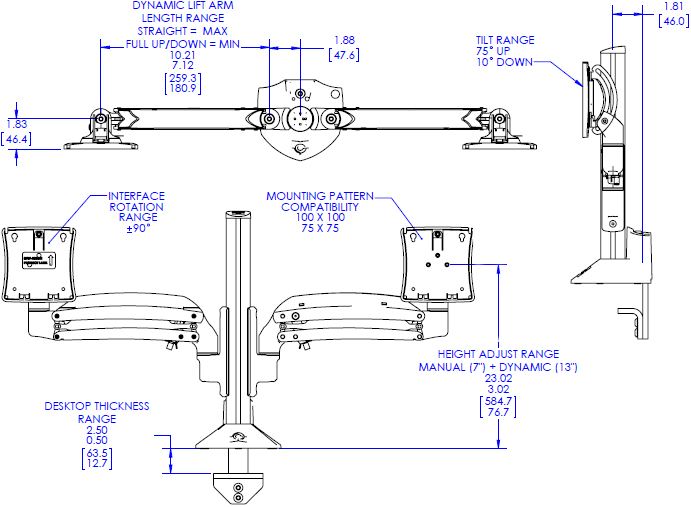 Technical Drawing for Chief K1C210B or K1C210S Kontour Dual Dynamic Column Mount