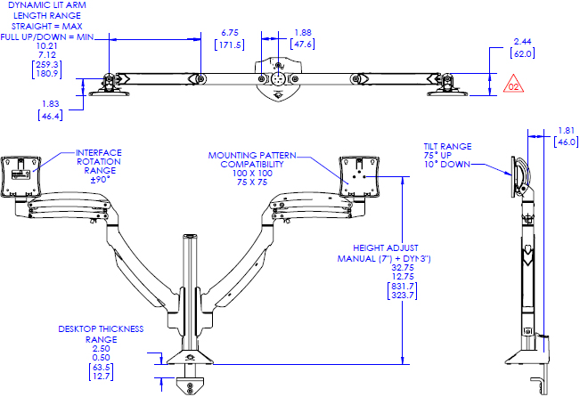 Technical Drawing for Chief K1C220 Kontour Dynamic Column Mount 2 Monitors