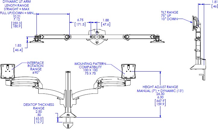 Technical Drawing for Chief K1C220BXRH Dual Monitor Dynamic Column Mount, Reduced Height