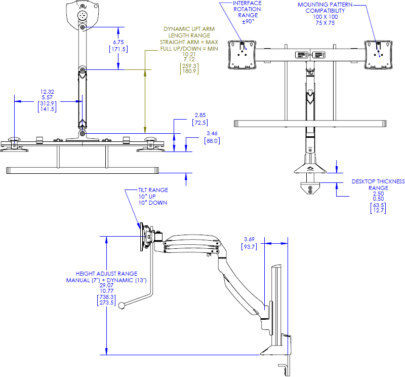 Technical Drawing for Chief K1C22HB or K1C22HS Kontour Dynamic Column Mount, Dual Monitor Array