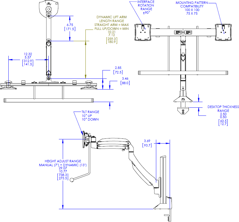 Technical Drawing for Chief K1C22HB or K1C22HS Kontour Dynamic Column Mount, Dual Monitor Array