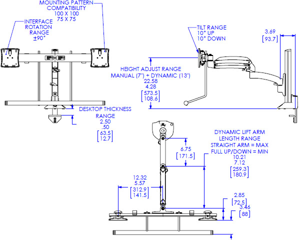 Technical Drawing for Chief Kontour Dynamic Column Dual Mount, Reduced Height - K1C22HBXRH