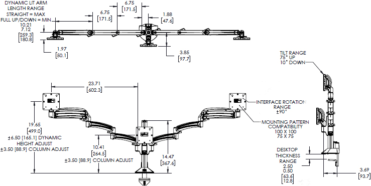 Technical Drawing for Chief Kontour K1C Triple 3x1 Monitor Dynamic Column Mount - K1C330