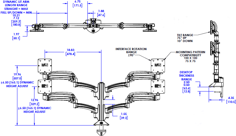 Technical Drawing for Chief K1C420 Kontour K1C Quad 2x2 Monitor Dynamic Column Mount