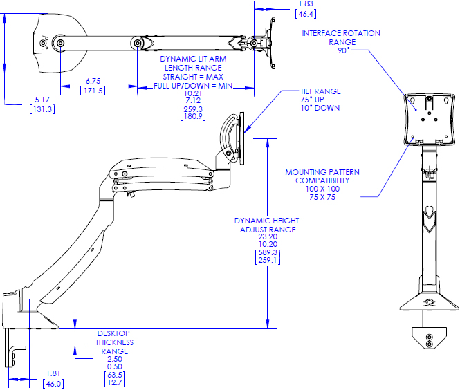Technical Drawing for Chief Kontour K1D Dynamic Single Monitor Desk Clamp Mount - K1D120