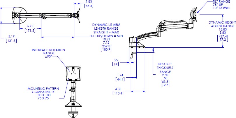 Technical Drawing for Chief Kontour K1D Dynamic Desk Mount, Reduced Height - K1D120BXRH