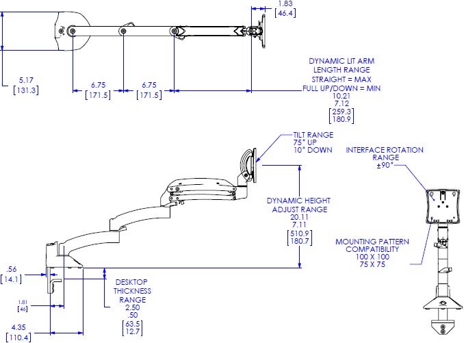 Technical Drawing for Chief Kontour K1D Dynamic Desk Mount, Extended Reach - K1D130