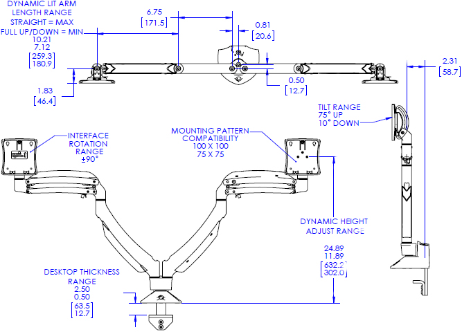 Technical Drawing for Chief Kontour K1D Dynamic Desk Clamp Mount, 2 Monitors - K1D220