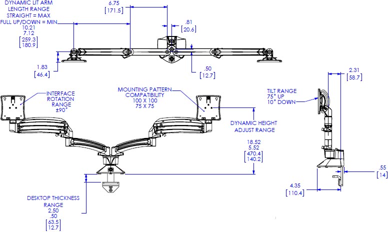 Technical Drawing for Chief K1D220BXRH Kontour Reduced Height Dual Desk Mount