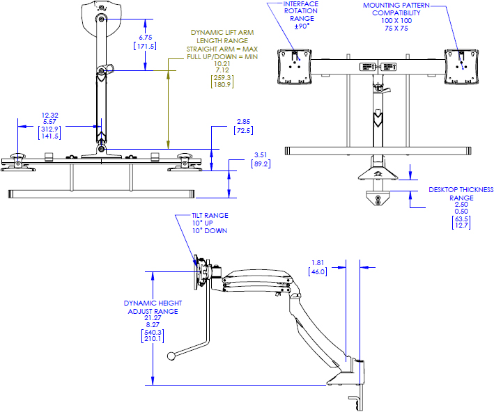 Technical Drawing for Chief Kontour Dynamic Desk Clamp Mount, Dual Monitor Array - K1D22H
