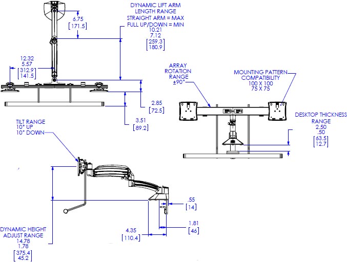 Technical Drawing for Chief Dynamic Dual Monitor Desk Mount, Reduced Height - K1D22HBXRH